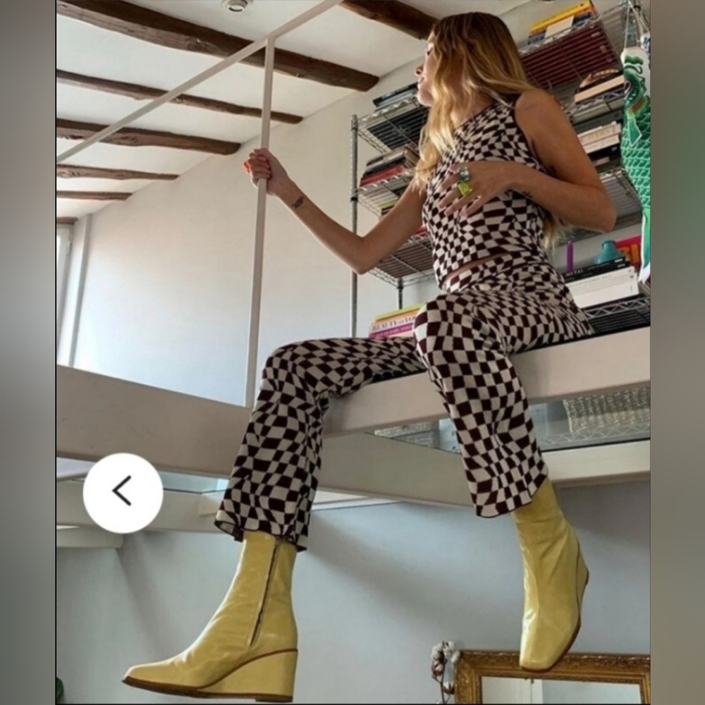 ✨️🆕️Wavy check pattern high waist wide leg flare knit pants ✨
